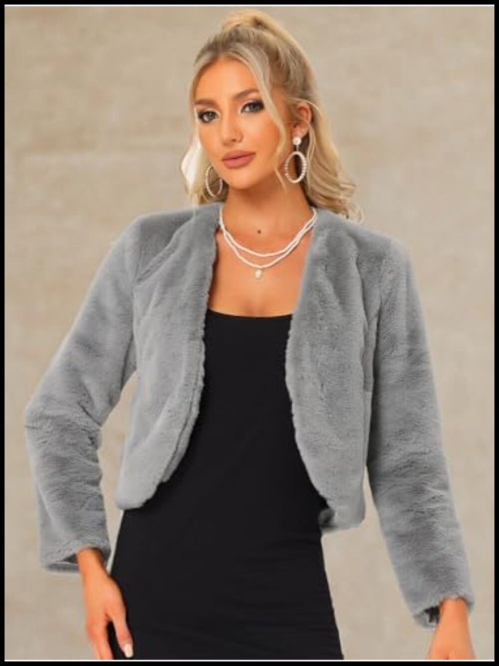 Faux Fur Cropped Jacket Long Sleeve Open Front Wedding Bolero with Pockets - Picture 5 of 6